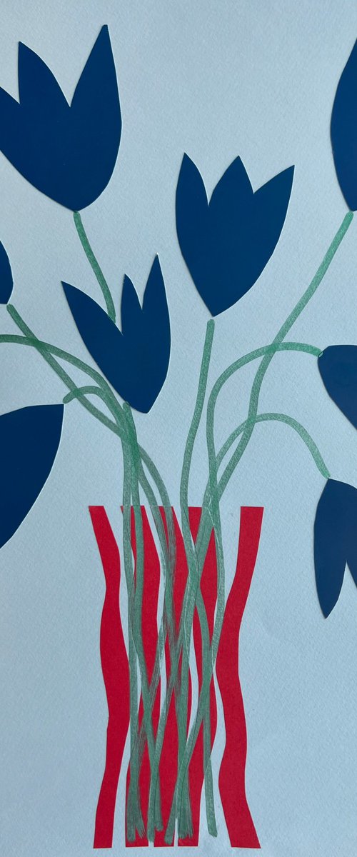 Blue Tulips in Striped Vase by Sasha Robinson