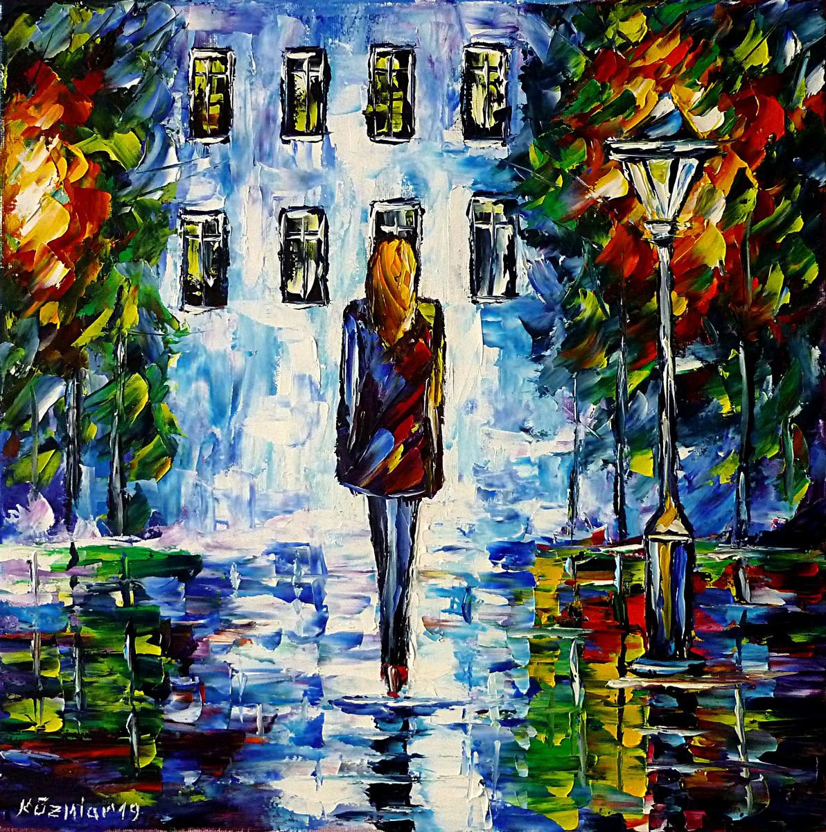 Expressive Cityscapes Oil Painting By Mirek Kuzniar, 16 X 16", On The Way Home, Original Artwork