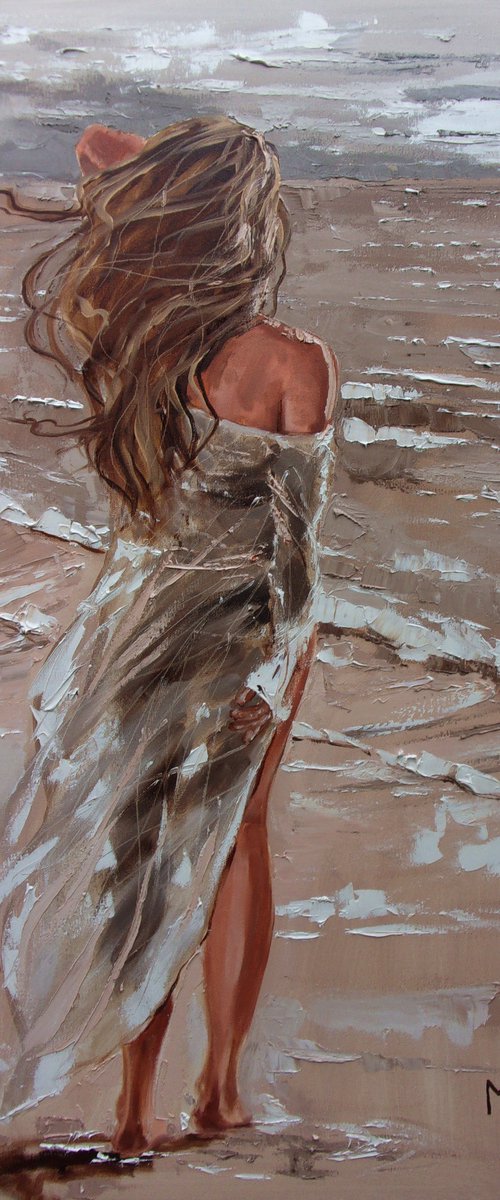 " WINDY... "  SUN SKY SEA SAND liGHt  ORIGINAL OIL PAINTING, GIFT, PALETTE KNIFE by Monika Luniak