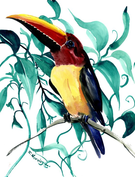 green aracari, Toucan in the Jungle, Tropical Foliage Bird artwork