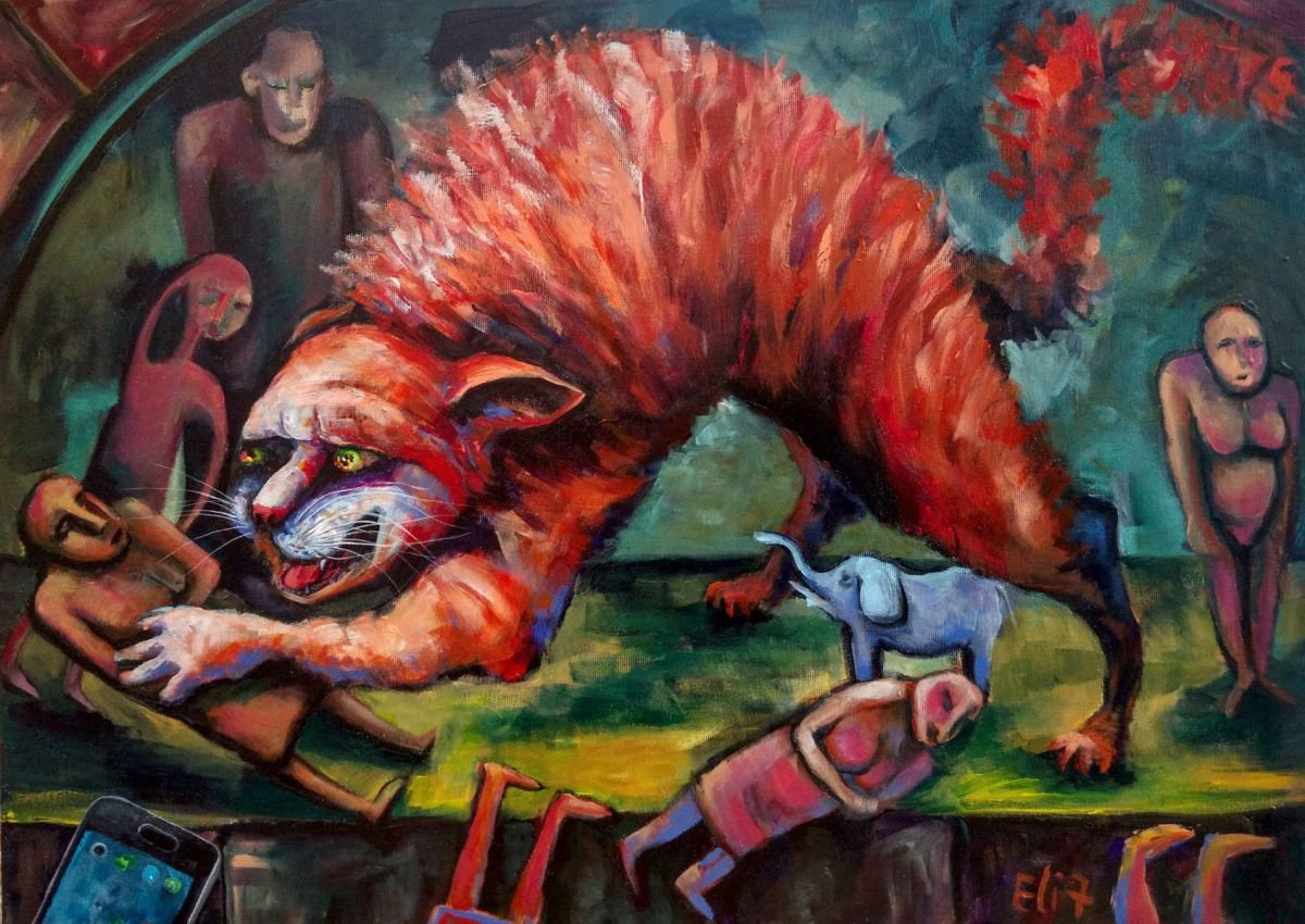 Expressive Animal Acrylic Painting By Elisheva Nesis, 28 X 20, Abram The Cat Is Smashing His Father