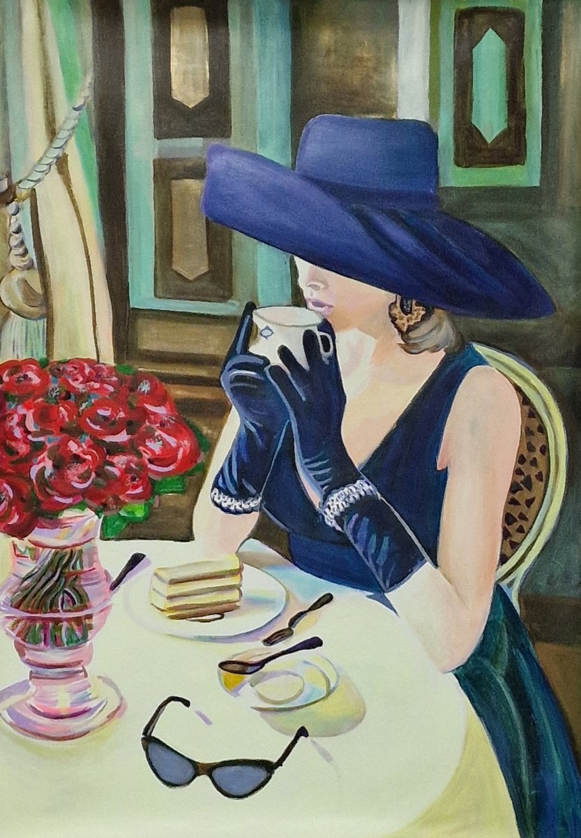 Organic Portrait Acrylic Painting By Alexandra Djokic, 28 X 39, Lady With Hat, Original Artwork