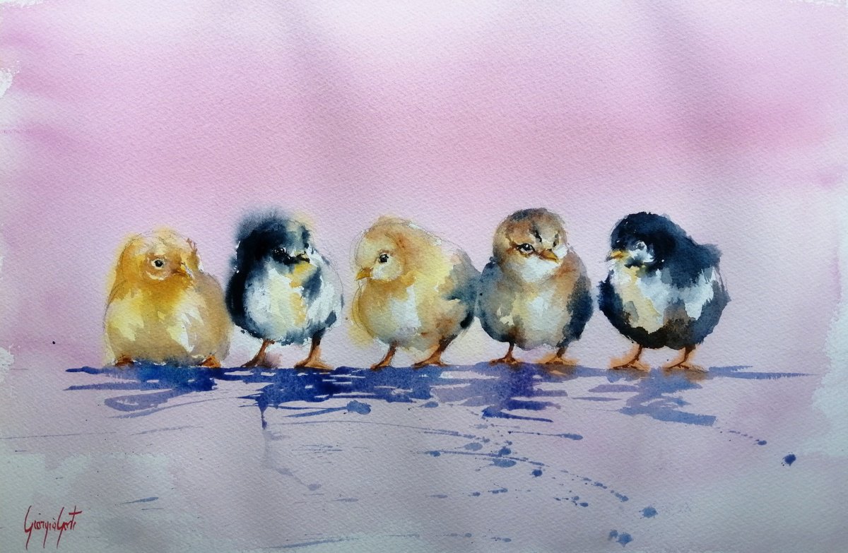 Expressive Animal Watercolour By Giorgio Gosti, 21 X 14, Chicks, Original Artwork