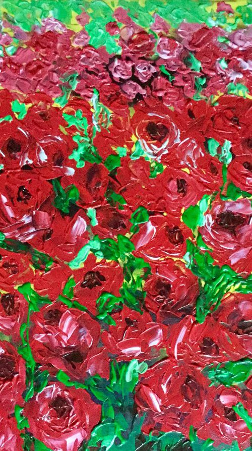 FIELD OF RED ROSES, MEADOW OF FLOWERS, large size painting   modern red pink office home decor gift by Olga Koval