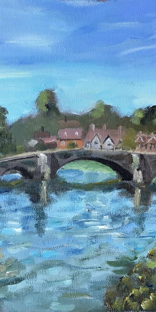 Aylesford Kent, A painting of the old bridge and village. by Julian Lovegrove Art