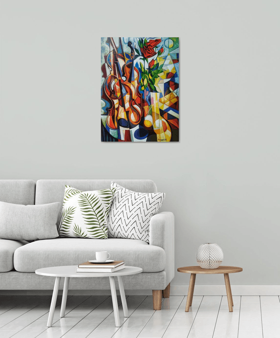 Still life with roses and violin (60x80cm, cubism, oil painting, ready to hang)