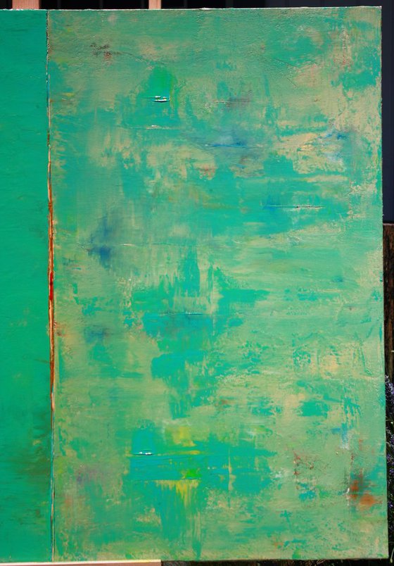 Teal Aqua Green Abstract with Red Lines