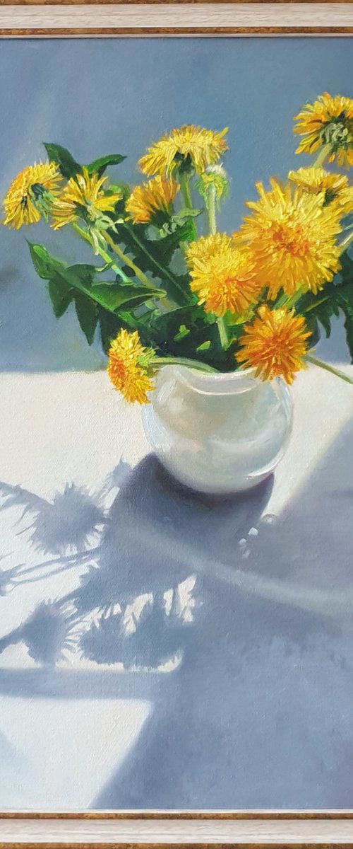 "Bouquet from a young gentleman. "  still life summer  dandelion   white liGHt original painting  GIFT (2021) by Anna Bessonova (Kotelnik)