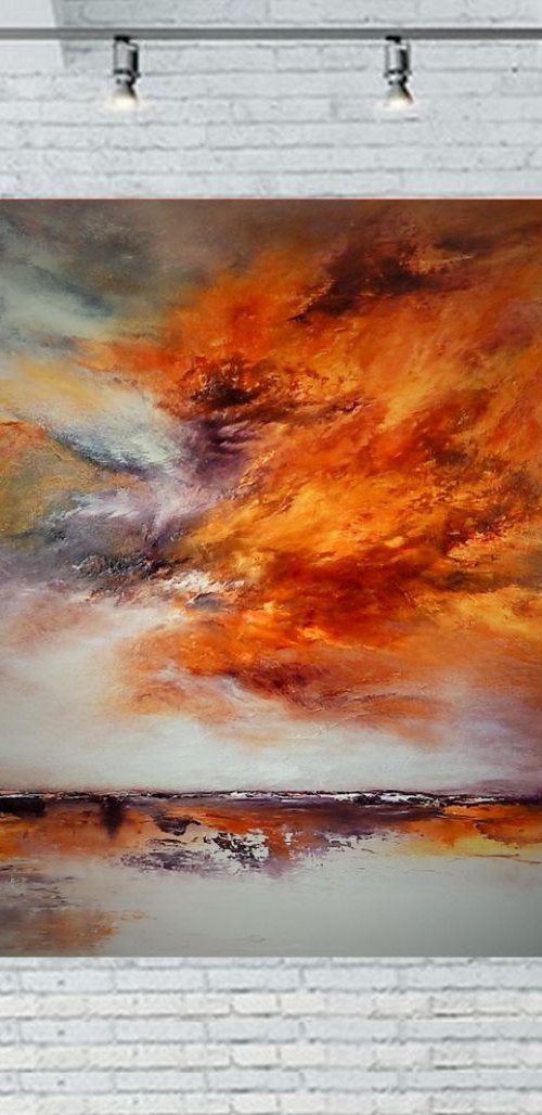 "The sun’s fiery kiss to the night." gold, brown abstract seascape by Olena Topliss