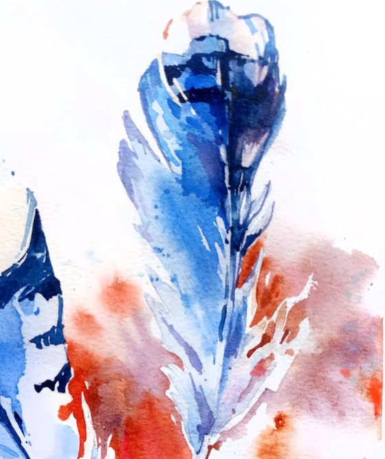Watercolor sketch "Two blue bird feathers" v.2 original illustration