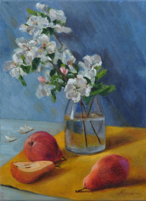 Spring flowers and pears original oil painting by Marina Petukhova