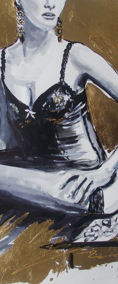 Black and Gold -Mixed Media  Woman  Painting on Paper by Antigoni Tziora