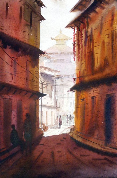 Bhakatapur(Nepal) Narrow Lane-Watercolor on Paper by Samiran Sarkar