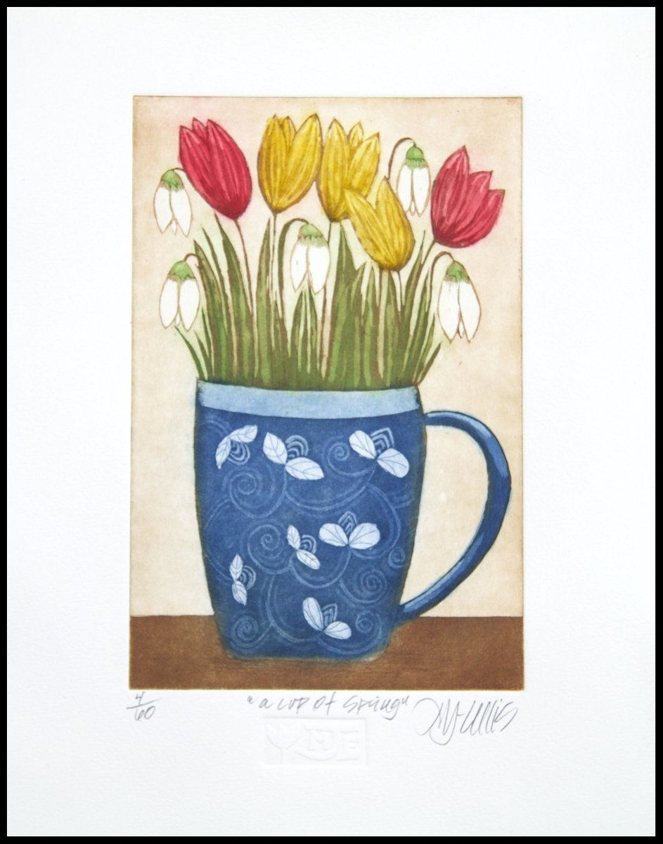 Illustrative Botanical Etchings & Engravings By Mariann Johansen-Ellis, 10 X 14", A Cup Of Spring, Original Artwork