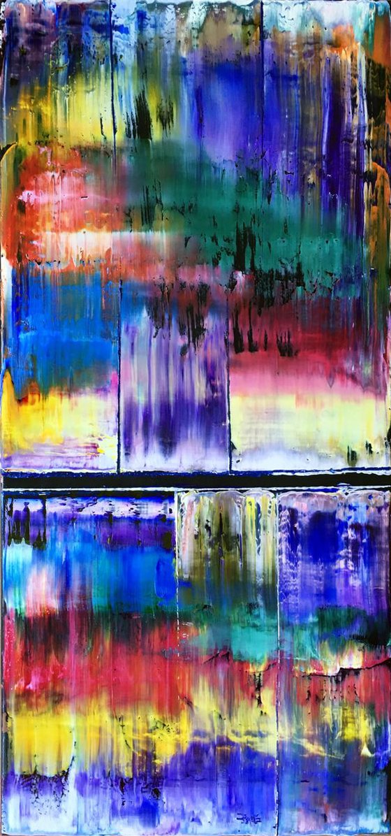 "Color Cascade" -  Original PMS Oil Painting On Reclaimed Wood - 16 x 35 inches