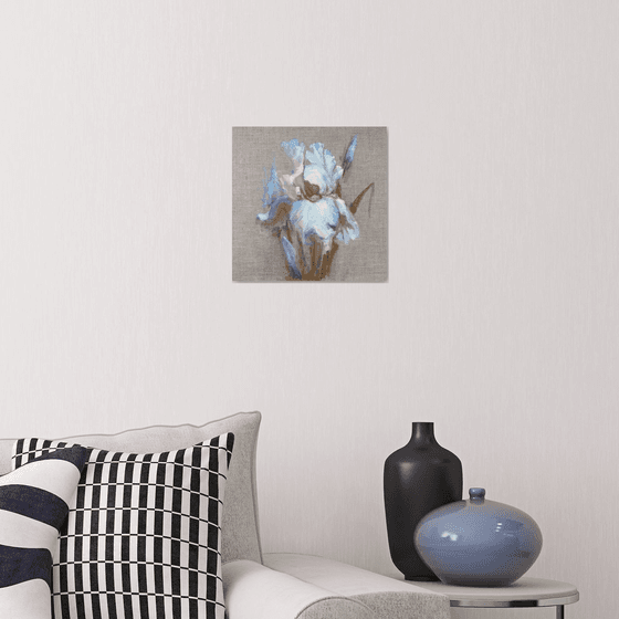 White  iris on raw canvas