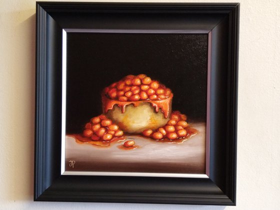 Scotch pie with beans on top still life