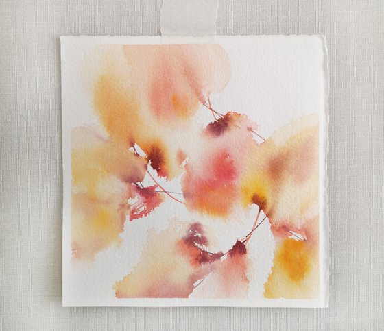 Yellow abstract flowers, small watercolor painting