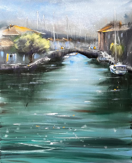 Yachts and Boats in Harbour Port Grimaud France Mixed Media Painting by Yana Ivannikova
