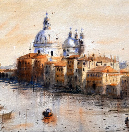 Warm light above Grand canal of Venice Italy 23x54cm 2020 by Nenad Kojić watercolorist