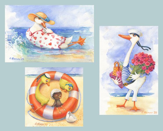 In a Port City (Set) / ORIGINAL watercolor Sea illustration Funny goose, duck, chicken Bright pictures