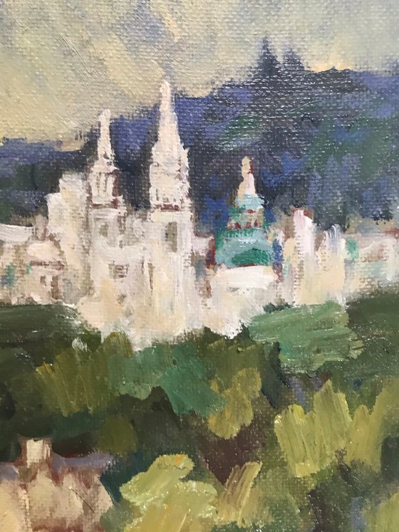 Original Oil Painting Wall Art Artwork Signed Hand Made Jixiang Dong Canvas 20cm × 25cm A Glance in South Park Oxford small building Impressionism