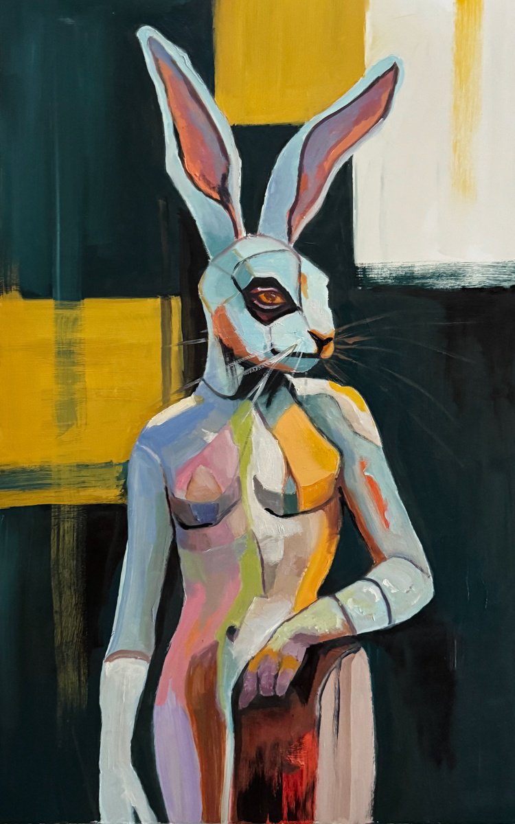 Illustrative Animal Oil Painting By Lola Jovan, 12 X 19", Rabbit, Displeased, Original Artwork
