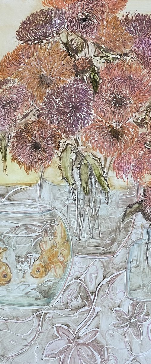 Asters in a vase. by Maija Nochevnaya