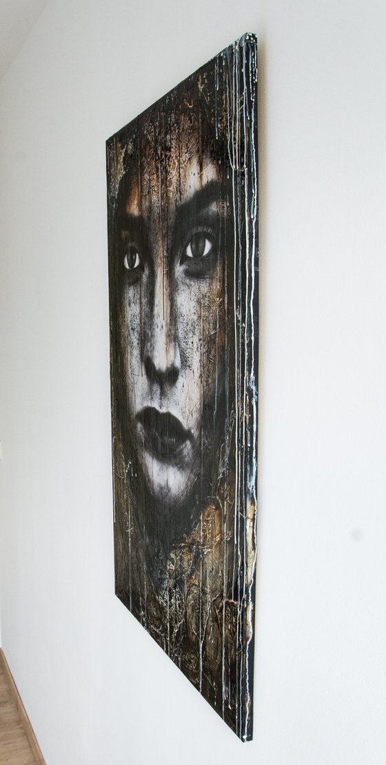"Cisca supreme" (XL artwork 96x55x1,5 cm) - Unique portrait artwork on wood (abstract, portrait, original, resin, beeswax, painting, 3D, oil, acrylic, eyes, face)