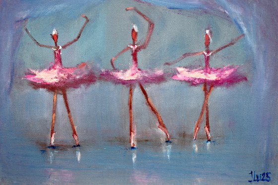 Funny pink ballerinas. Miniature  impasto oil