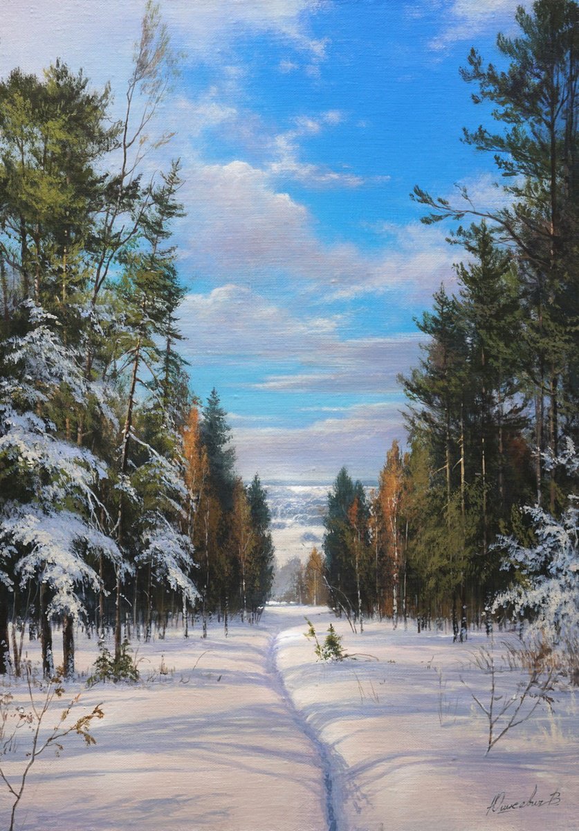 Snow-covered path by Viktar Yushkevich YUVART