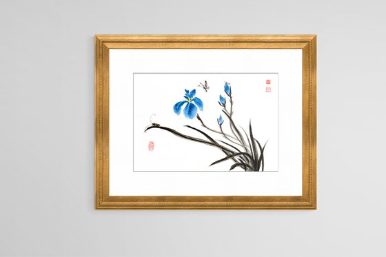 Blue irises and others insects - Oriental Chinese Ink Painting
