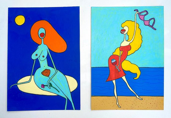 Set 2 artworks “Romantic night” and “Blonde on the beach”