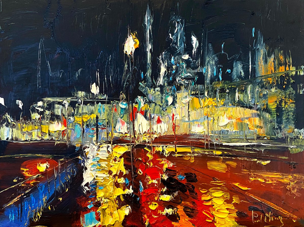 Impressionistic Abstract Oil Painting By Paul Cheng, 16 X 12", City Lights, Original Artwork