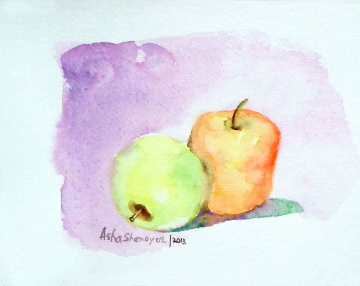 Still Life Painting with Two apples  6.25x 8  Watercolor apples by Asha Shenoy