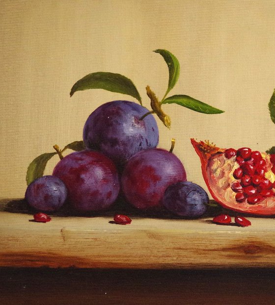Still Life with Plums, Fruits, Pomegranate, Original oil Painting, Classic Art, Handmade painting, signed