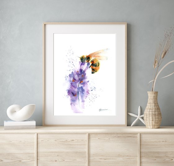 Bee on Lavender  - Original Watercolor Painting