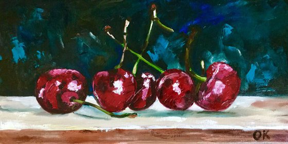 Cherries. Still life. Palette knife painting on linen canvas