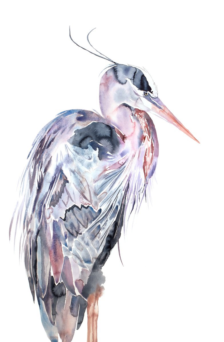 Expressive Animal Watercolour By Elizabeth Becker, 26 X 40, Heron No. 25, Original Artwork