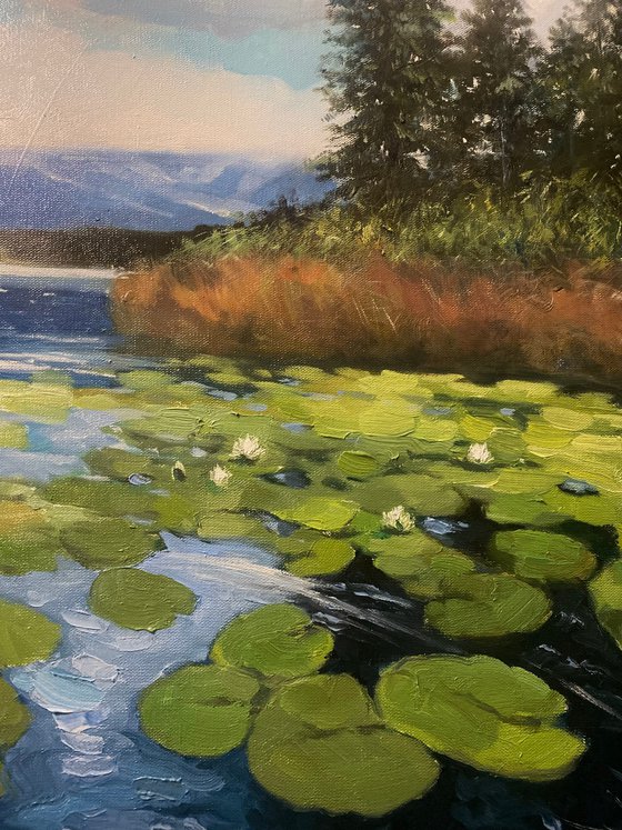 "Lily Pads and Peaks"-100x70cm large original oil painting by Artem Grunyka