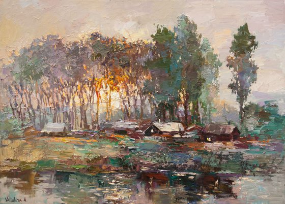 Oil painting Rural landscape at sunrise