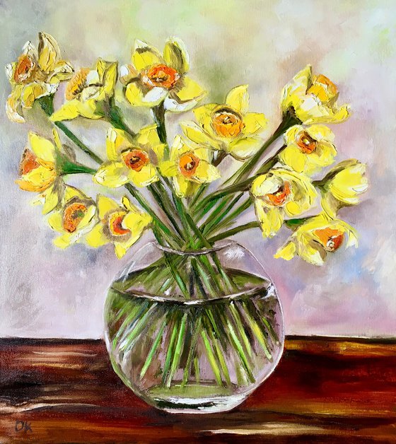 Bouquet of Daffodils #5 on wooden  table.