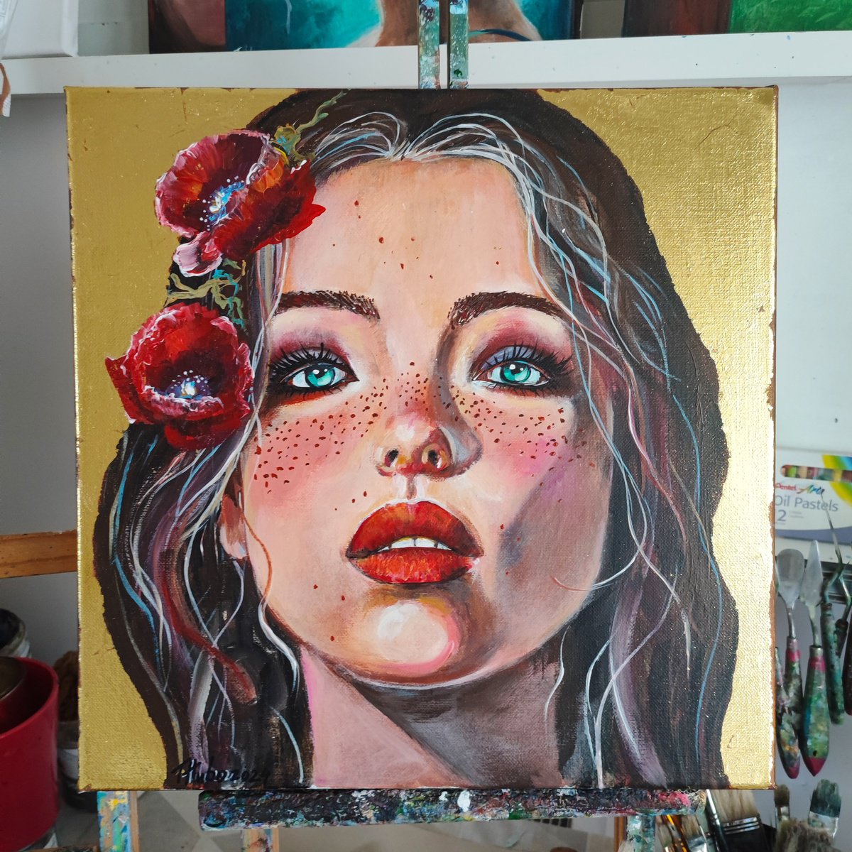 Impressionistic Portrait Acrylic Painting By Tatajana Obuhova, 16 X 16", Girl With Poppies., Original Artwork