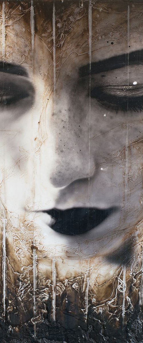 "Lonely world" (60x40x2cm) - Unique portrait artwork on wood (abstract, portrait, gouache, original, painting, coffee, acrylic, oil, watercolor, encaustics, beeswax, resin, wood, fingerpaint) by Rouzbeh Tahmassian