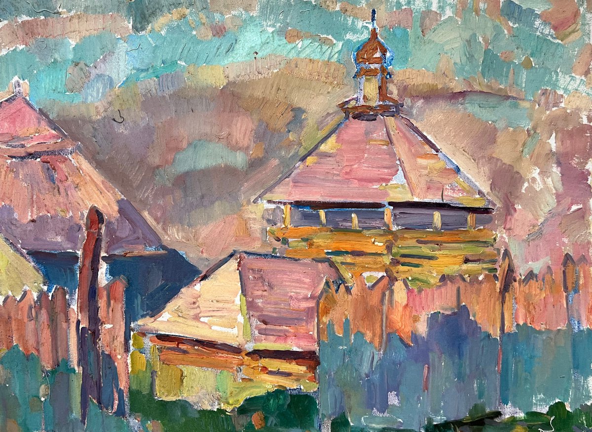 Impressionistic Landscape Oil Painting By Peter Tovpev, 24 X 31", Roofs Of Houses, Original Artwork