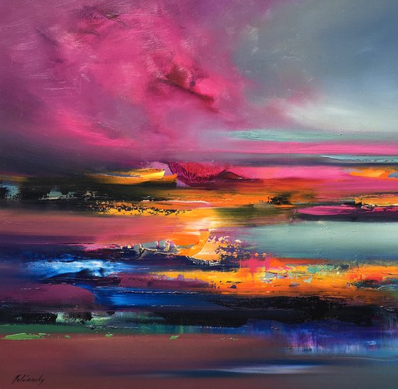 Lover’s Land - 70 x 100 cm abstract landscape oil painting in pink and blue