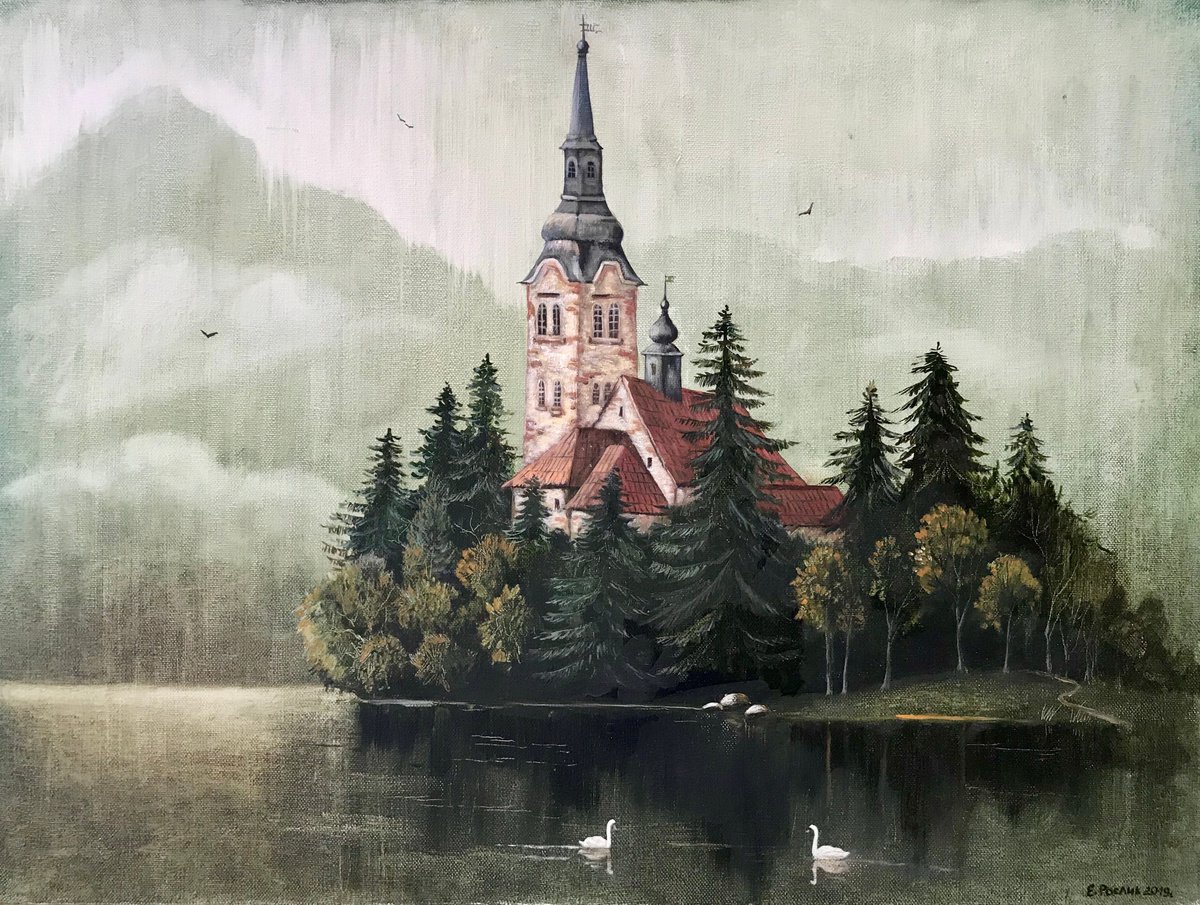 Original oil painting LAKE BLED - HERE MYSTICISM AND ROMANCE ARE COMBINED 45x60 cm (2019... by Evgeniya Roslik