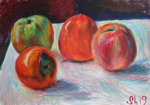 Persimmon and apples. Acrylic on paper. 43x32 cm. by Alexander Shvyrkov