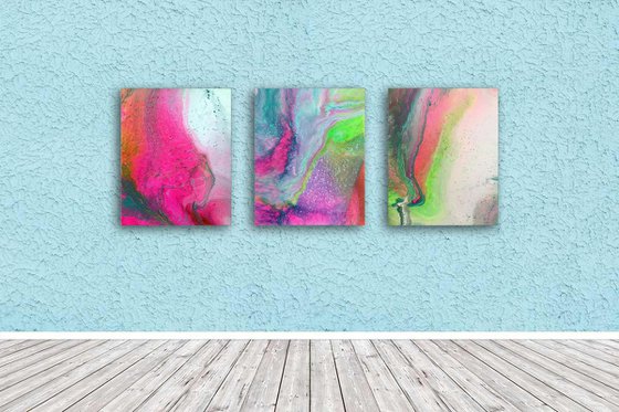 "Menage A Trois" - FREE USA SHIPPING - Original Triptych, Abstract PMS Acrylic Paintings Series - 48" x 20"