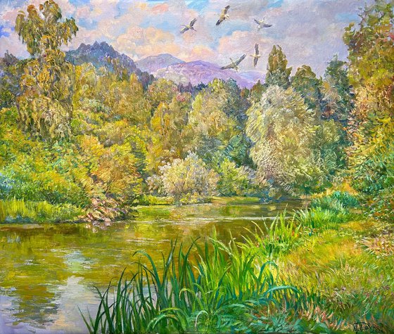 Storks Over the Summer River
